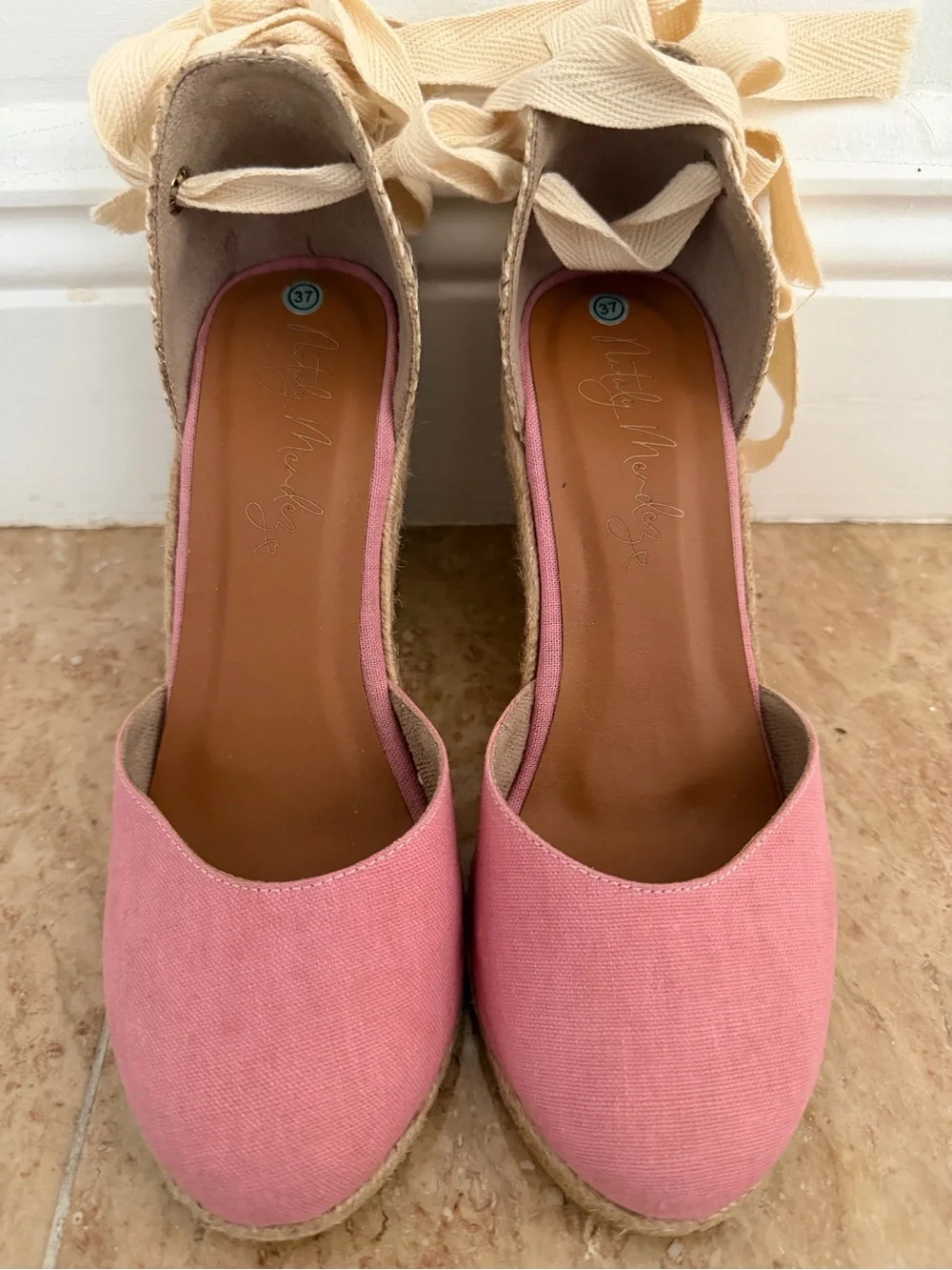 Pink Espadrille Wedge with Cream Ankle Tie